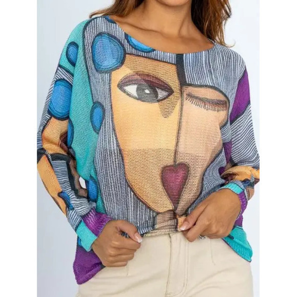 Loowie Sweaters - L79 Loowie Serene Faces Printed Knit Sweater | Round Neck | One Size S-L
